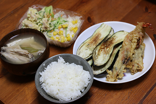 朝食ご飯 ナス エビ