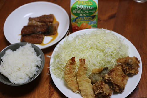 ししゃもとハムと肉ともやしの朝食